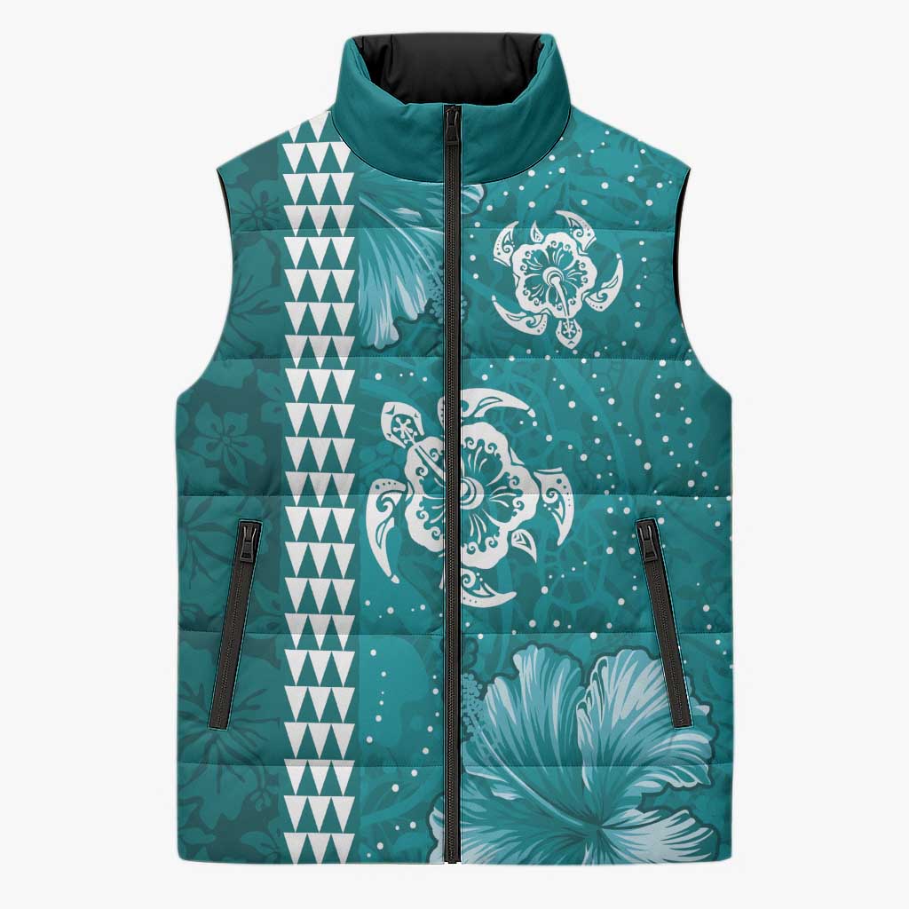Teal Hibiscus Turle Sleeveless Puffer Jacket Hawaiian Style Tribal Tapa Pattern - Polynesian Pride