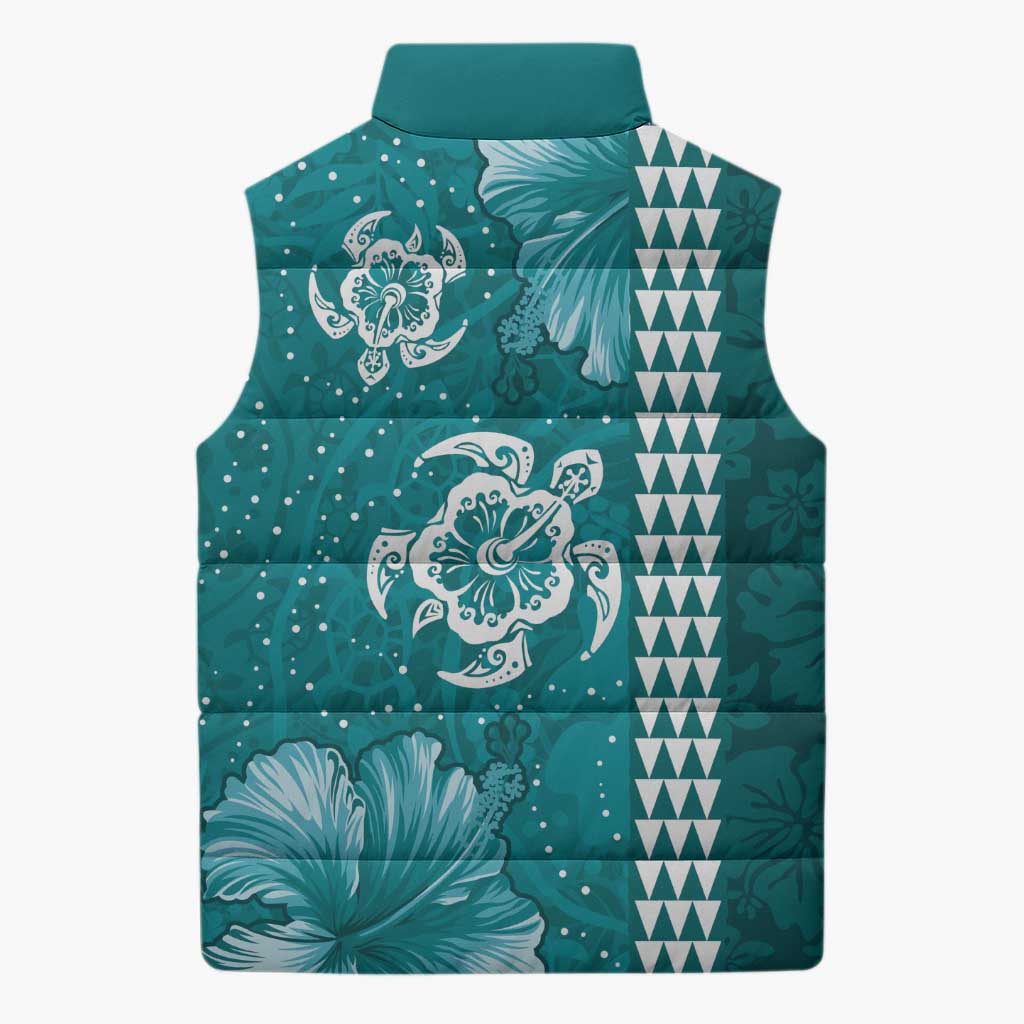 Teal Hibiscus Turle Sleeveless Puffer Jacket Hawaiian Style Tribal Tapa Pattern - Polynesian Pride