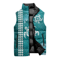 Teal Hibiscus Turle Sleeveless Puffer Jacket Hawaiian Style Tribal Tapa Pattern - Polynesian Pride