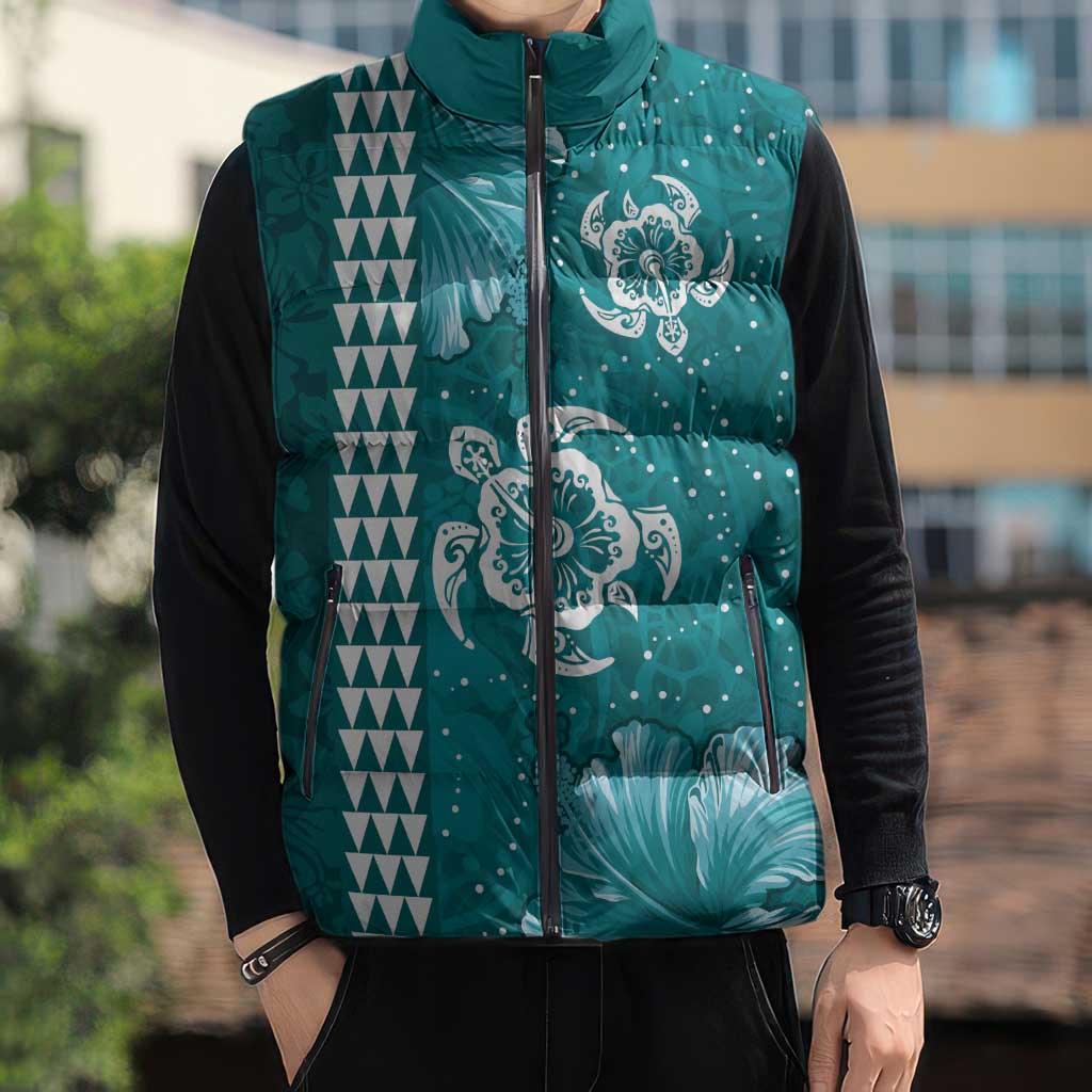 Teal Hibiscus Turle Sleeveless Puffer Jacket Hawaiian Style Tribal Tapa Pattern - Polynesian Pride