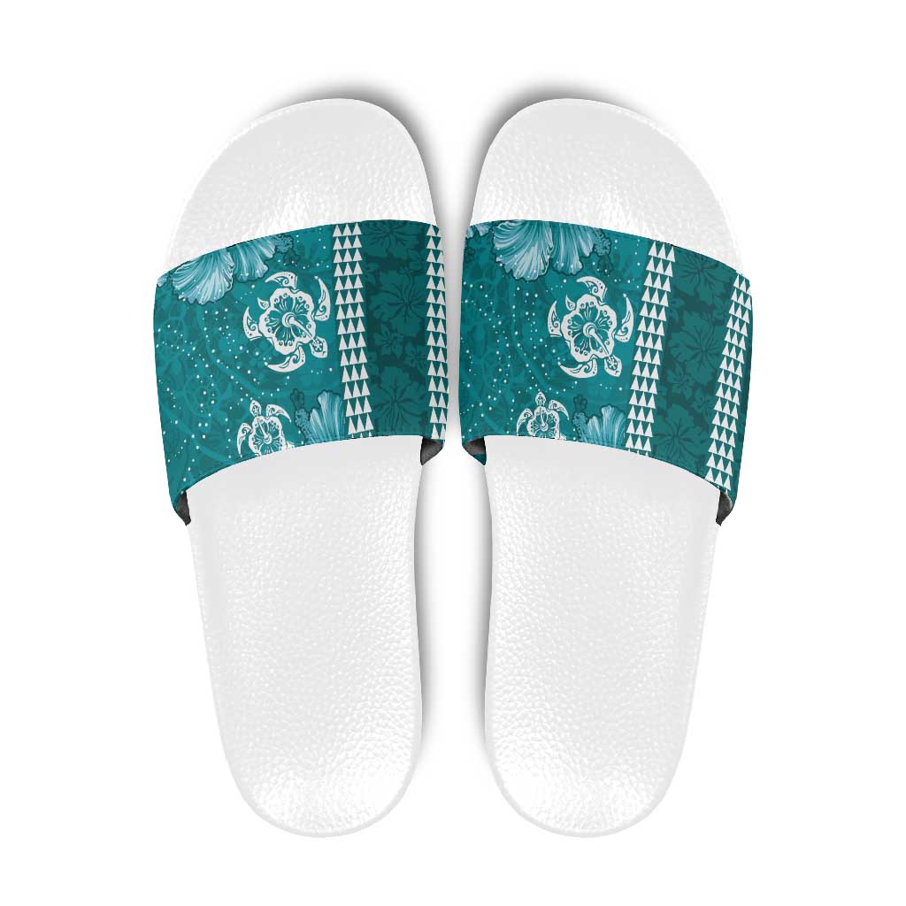 Teal Hibiscus Turle Slide Sandals Hawaiian Style Tribal Tapa Pattern - Polynesian Pride