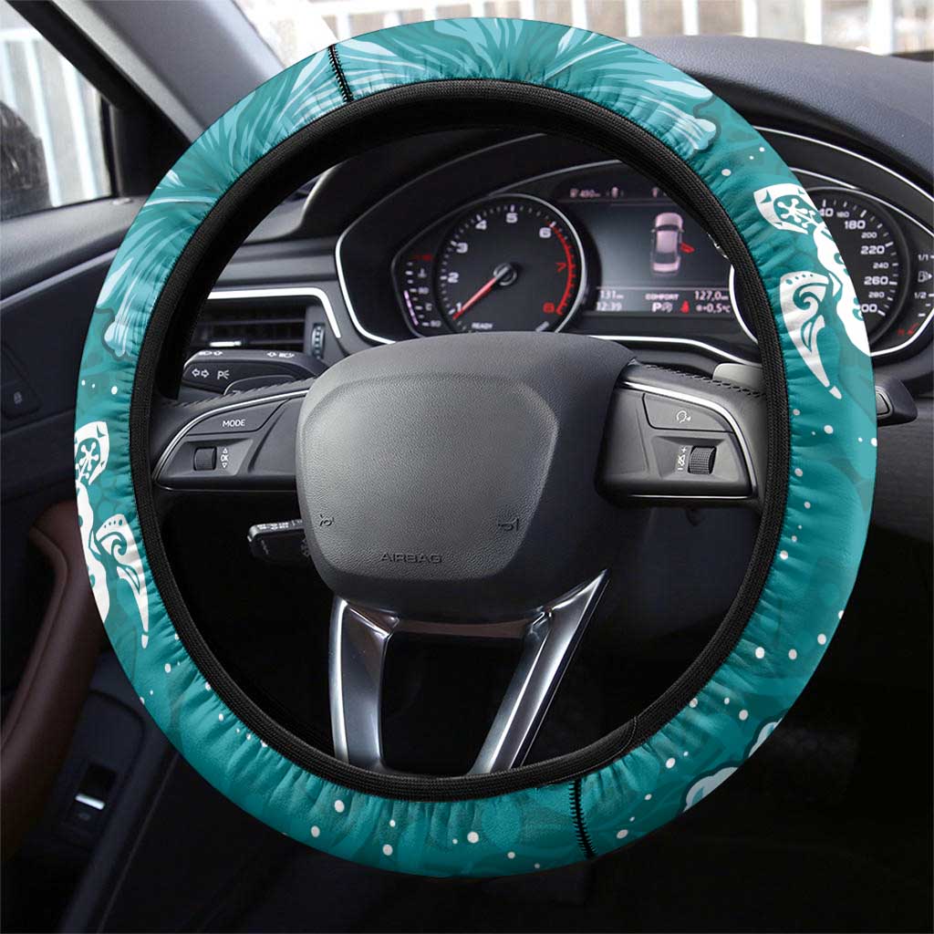 Teal Hibiscus Turle Steering Wheel Cover Hawaiian Style Tribal Tapa Pattern