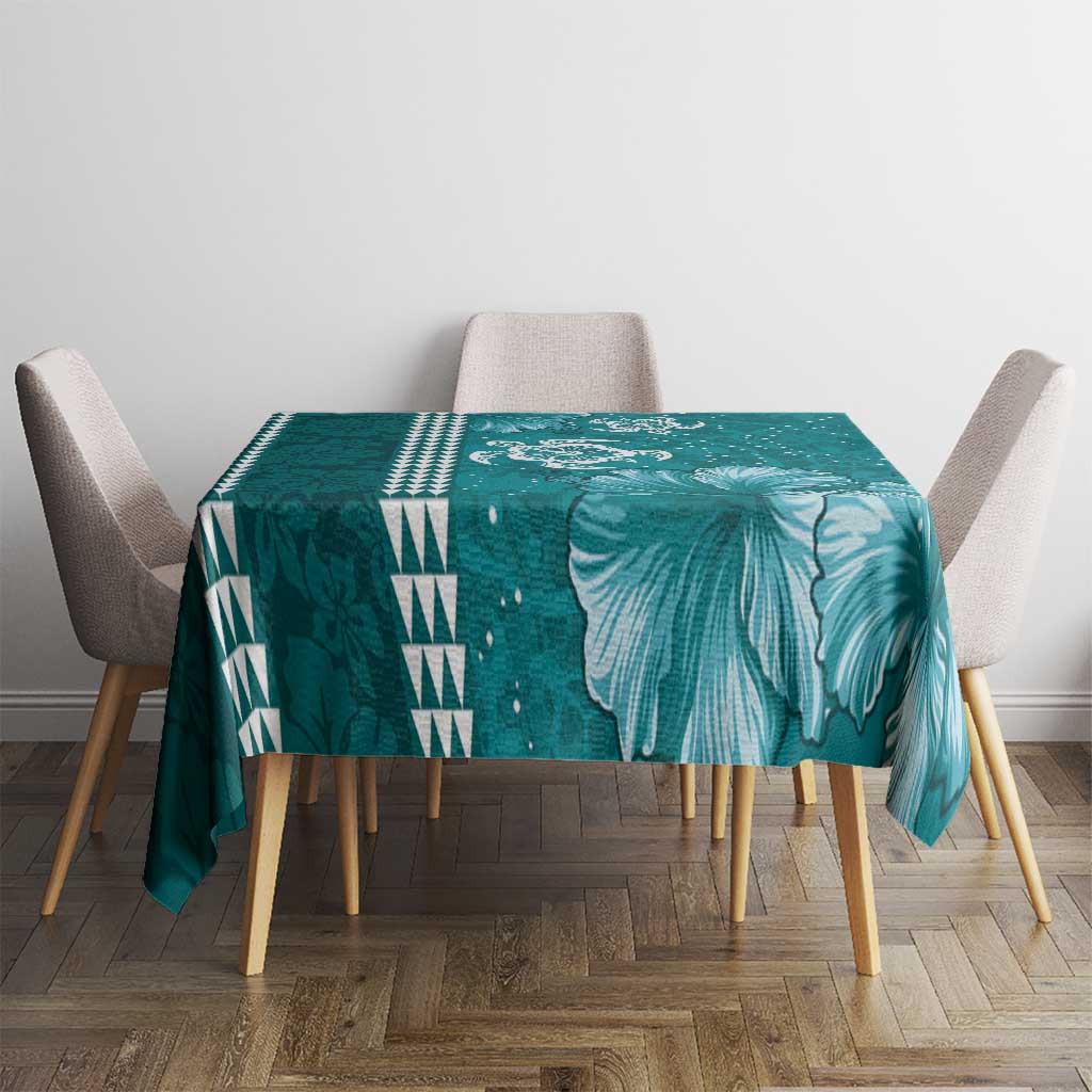 Teal Hibiscus Turle Tablecloth Hawaiian Style Tribal Tapa Pattern