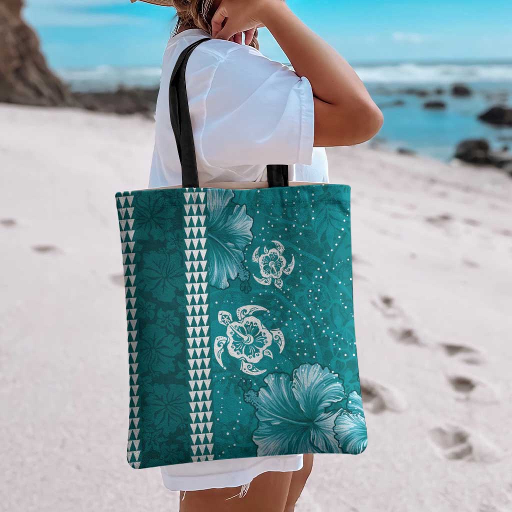 Teal Hibiscus Turle Tote Bag Hawaiian Style Tribal Tapa Pattern - Polynesian Pride