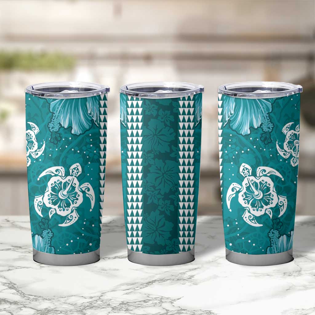 Teal Hibiscus Turle Tumbler Cup Hawaiian Style Tribal Tapa Pattern