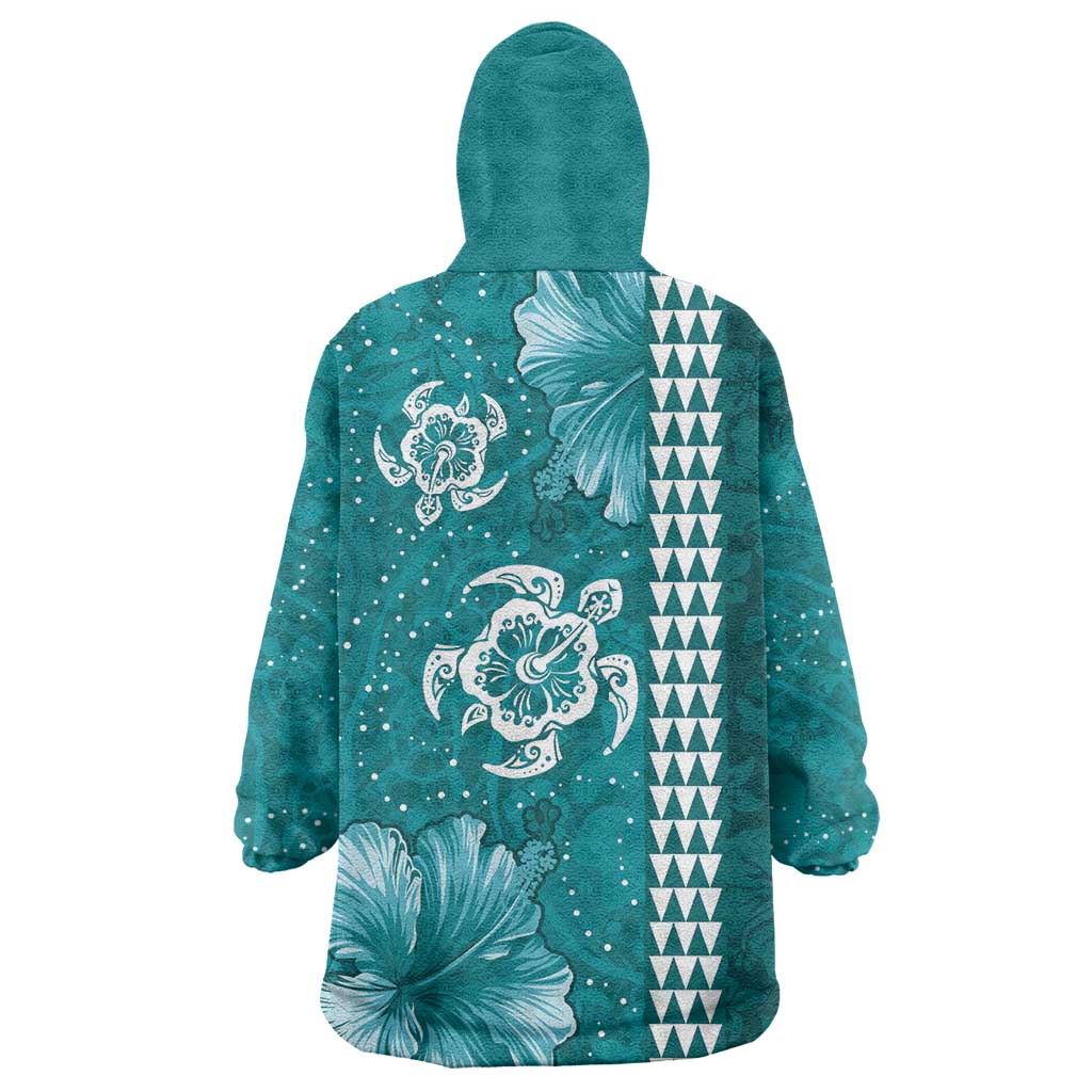 Teal Hibiscus Turle Wearable Blanket Hoodie Hawaiian Style Tribal Tapa Pattern