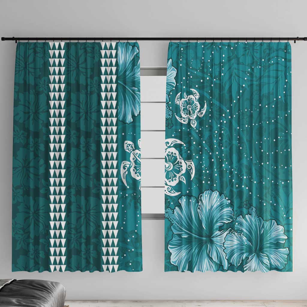 Teal Hibiscus Turle Window Curtain Hawaiian Style Tribal Tapa Pattern