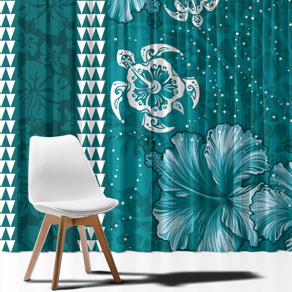 Teal Hibiscus Turle Window Curtain Hawaiian Style Tribal Tapa Pattern
