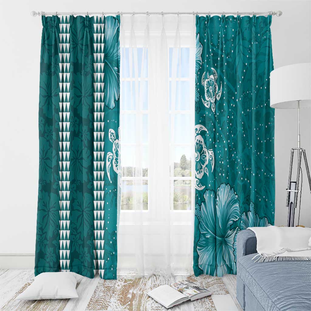 Teal Hibiscus Turle Window Curtain Hawaiian Style Tribal Tapa Pattern