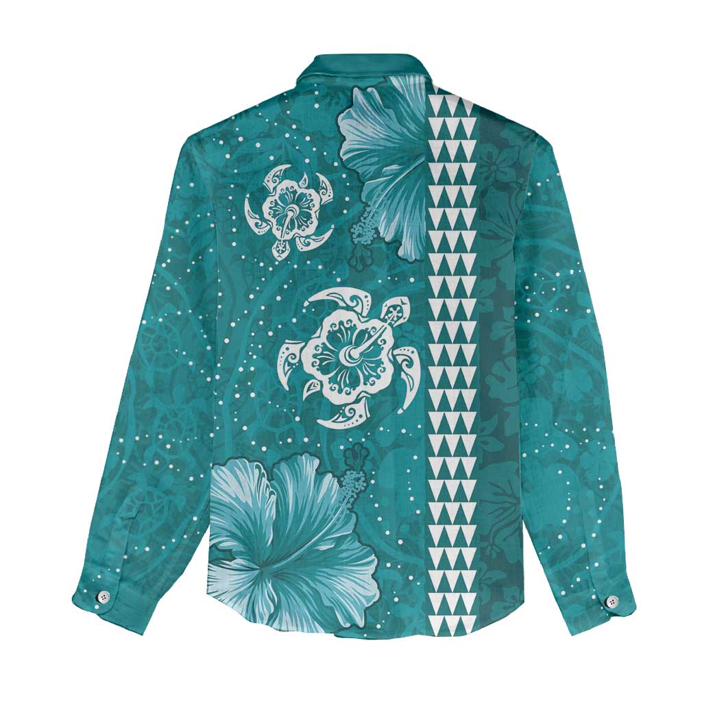 Teal Hibiscus Turle Women Casual Shirt Hawaiian Style Tribal Tapa Pattern