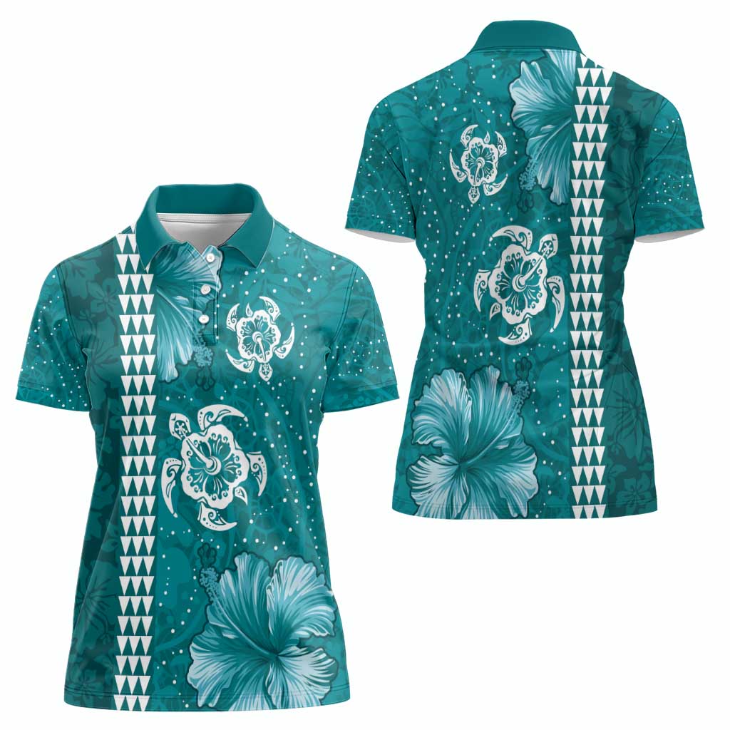 Teal Hibiscus Turle Women Polo Shirt Hawaiian Style Tribal Tapa Pattern
