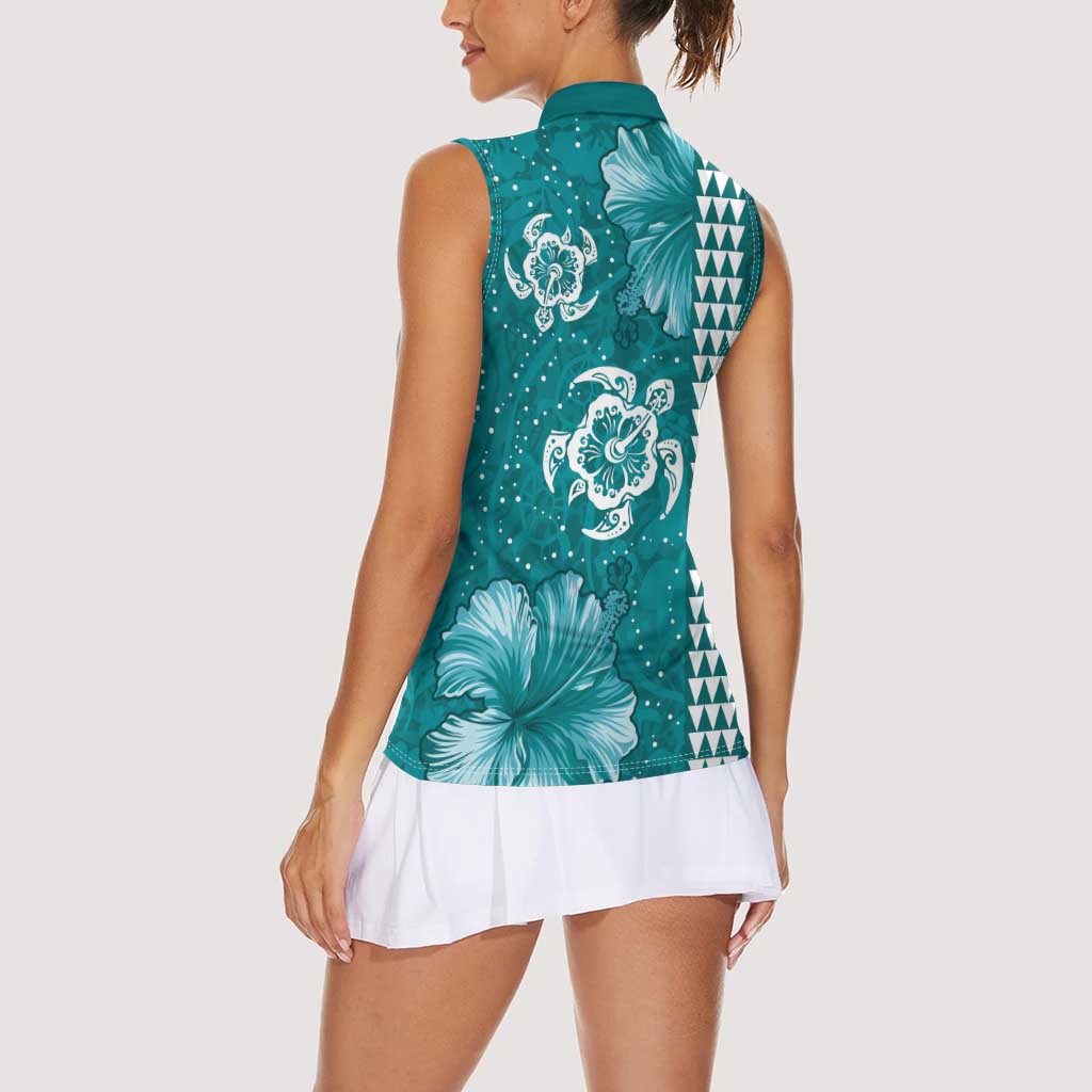 Teal Hibiscus Turle Women Sleeveless Polo Shirt Hawaiian Style Tribal Tapa Pattern