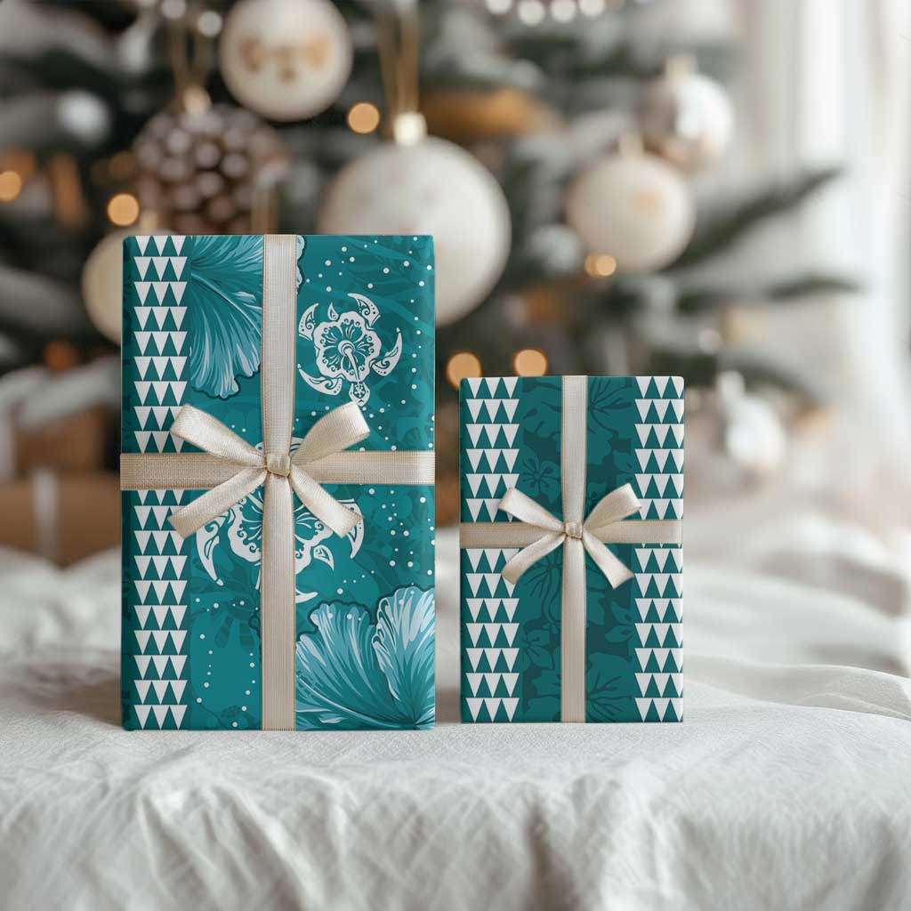 Teal Hibiscus Turle Wrapping Paper Hawaiian Style Tribal Tapa Pattern - Polynesian Pride