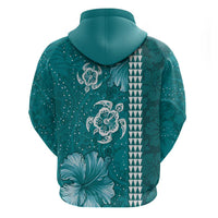 Teal Hibiscus Turle Zip Hoodie Hawaiian Style Tribal Tapa Pattern