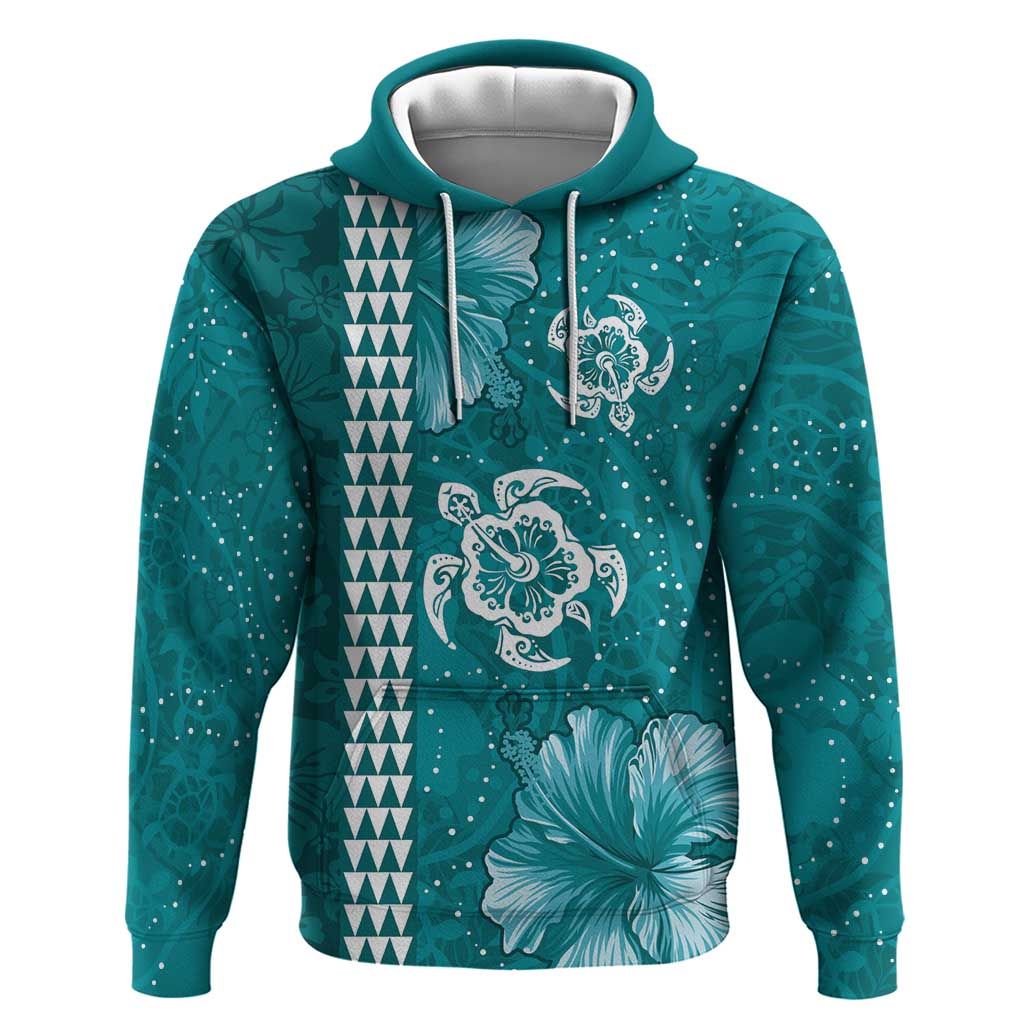Teal Hibiscus Turle Zip Hoodie Hawaiian Style Tribal Tapa Pattern