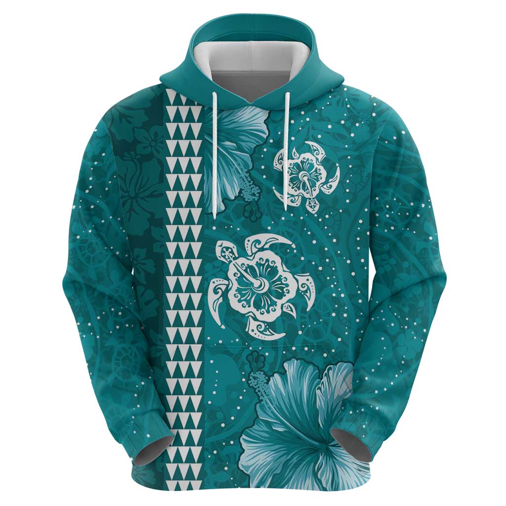 Teal Hibiscus Turle Zip Hoodie Hawaiian Style Tribal Tapa Pattern
