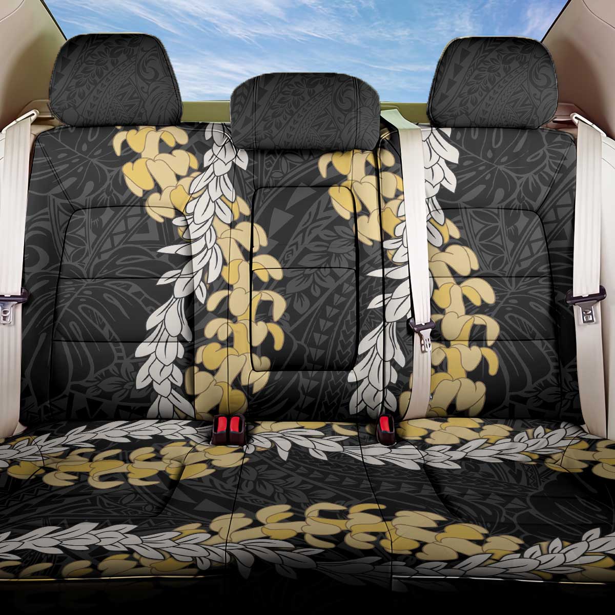 Puakenikeni and Maile Lei Back Car Seat Cover Black Double Strand Lei