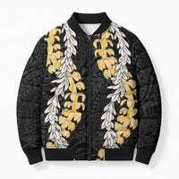 Puakenikeni and Maile Lei Bomber Puffer Jacket Black Double Strand Lei - Polynesian Pride