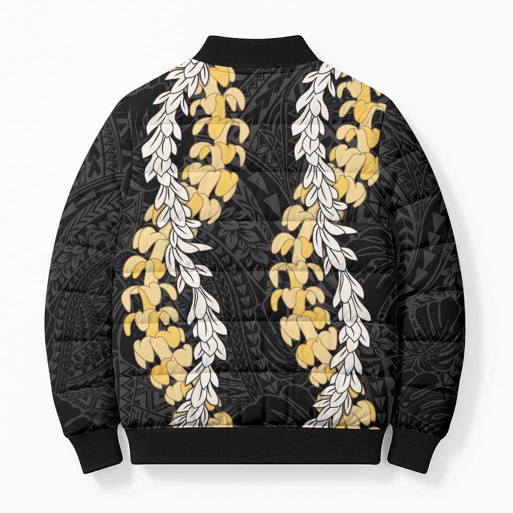 Puakenikeni and Maile Lei Bomber Puffer Jacket Black Double Strand Lei - Polynesian Pride