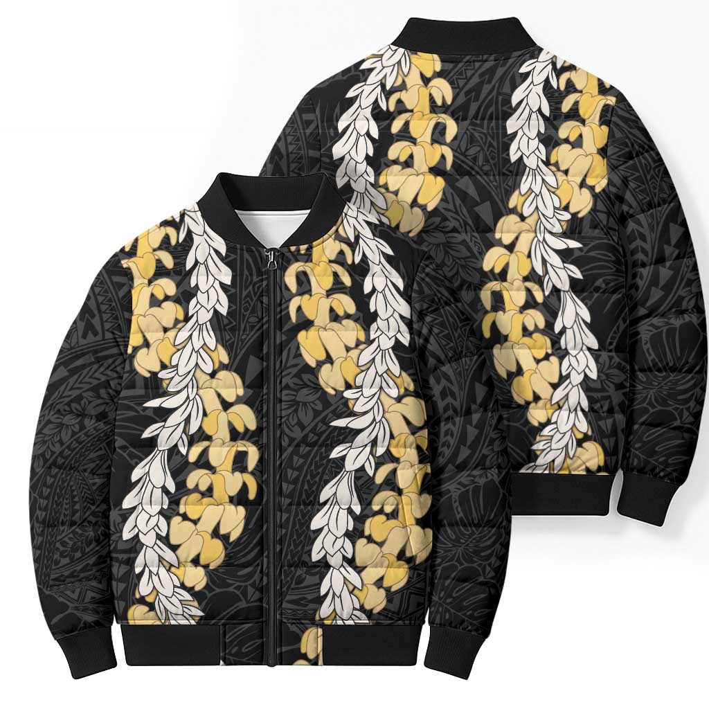 Puakenikeni and Maile Lei Bomber Puffer Jacket Black Double Strand Lei - Polynesian Pride