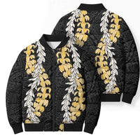 Puakenikeni and Maile Lei Bomber Puffer Jacket Black Double Strand Lei - Polynesian Pride