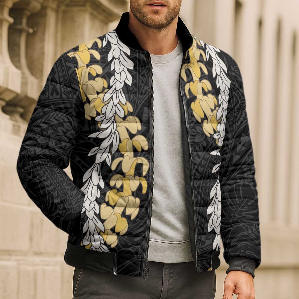 Puakenikeni and Maile Lei Bomber Puffer Jacket Black Double Strand Lei - Polynesian Pride