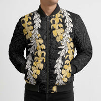 Puakenikeni and Maile Lei Bomber Puffer Jacket Black Double Strand Lei - Polynesian Pride