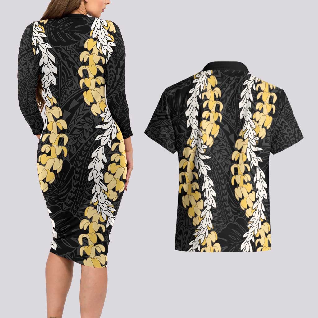 Puakenikeni and Maile Lei Couples Matching Long Sleeve Bodycon Dress and Hawaiian Shirt Black Double Strand Lei