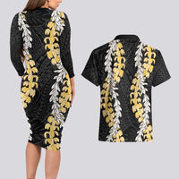 Puakenikeni and Maile Lei Couples Matching Long Sleeve Bodycon Dress and Hawaiian Shirt Black Double Strand Lei