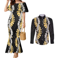 Puakenikeni and Maile Lei Couples Matching Mermaid Dress and Long Sleeve Button Shirt Black Double Strand Lei