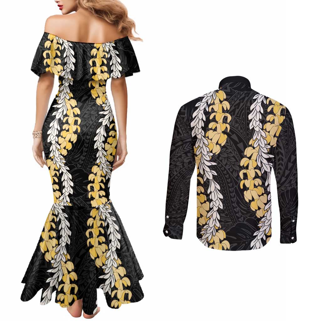 Puakenikeni and Maile Lei Couples Matching Mermaid Dress and Long Sleeve Button Shirt Black Double Strand Lei
