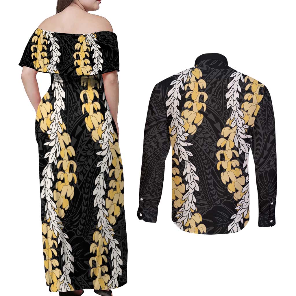 Puakenikeni and Maile Lei Couples Matching Off Shoulder Maxi Dress and Long Sleeve Button Shirt Black Double Strand Lei