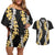 Puakenikeni and Maile Lei Couples Matching Off Shoulder Short Dress and Hawaiian Shirt Black Double Strand Lei