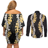 Puakenikeni and Maile Lei Couples Matching Off Shoulder Short Dress and Long Sleeve Button Shirt Black Double Strand Lei