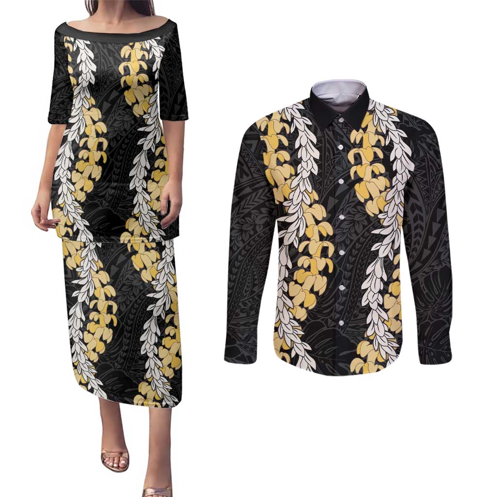 Puakenikeni and Maile Lei Couples Matching Puletasi and Long Sleeve Button Shirt Black Double Strand Lei
