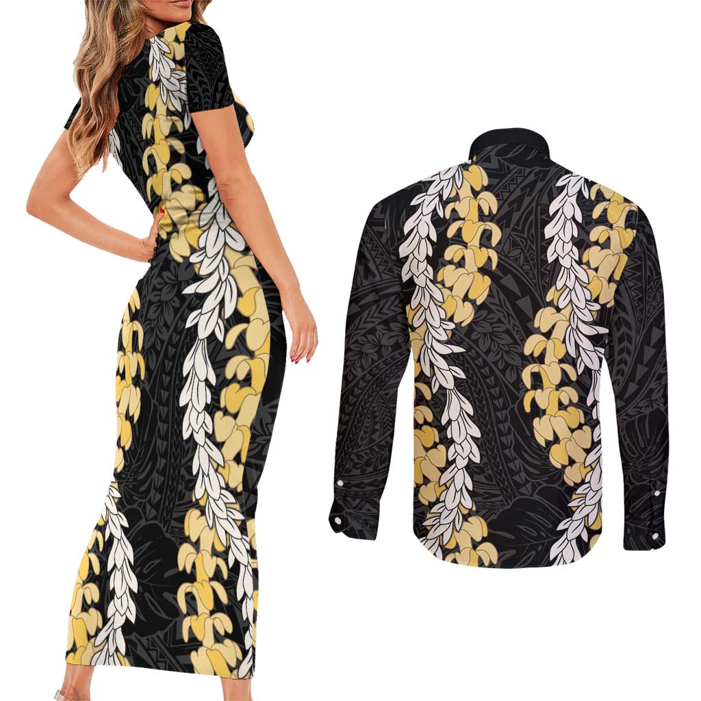Puakenikeni and Maile Lei Couples Matching Short Sleeve Bodycon Dress and Long Sleeve Button Shirt Black Double Strand Lei