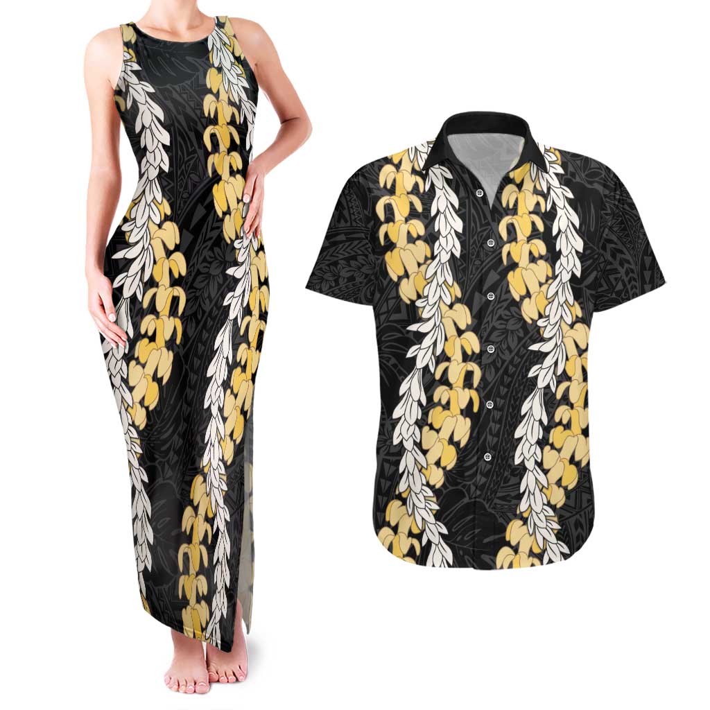 Puakenikeni and Maile Lei Couples Matching Tank Maxi Dress and Hawaiian Shirt Black Double Strand Lei
