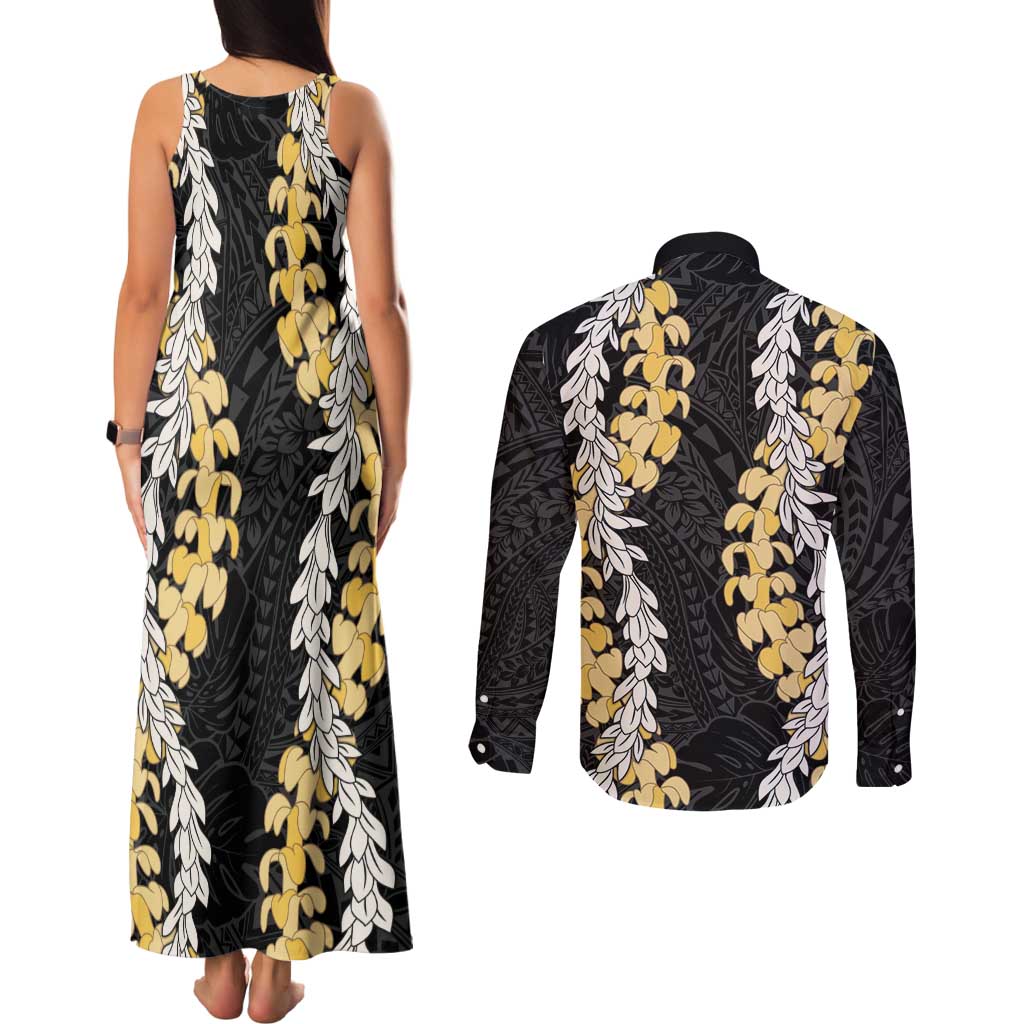 Puakenikeni and Maile Lei Couples Matching Tank Maxi Dress and Long Sleeve Button Shirt Black Double Strand Lei