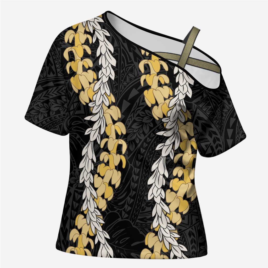 Puakenikeni and Maile Lei Cross Shoulder Shirt Black Double Strand Lei - Polynesian Pride