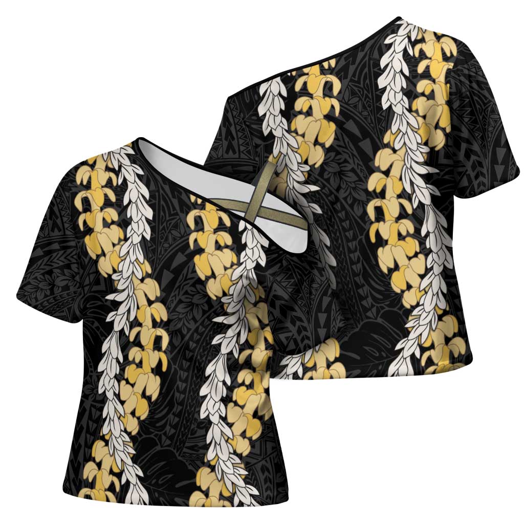 Puakenikeni and Maile Lei Cross Shoulder Shirt Black Double Strand Lei - Polynesian Pride