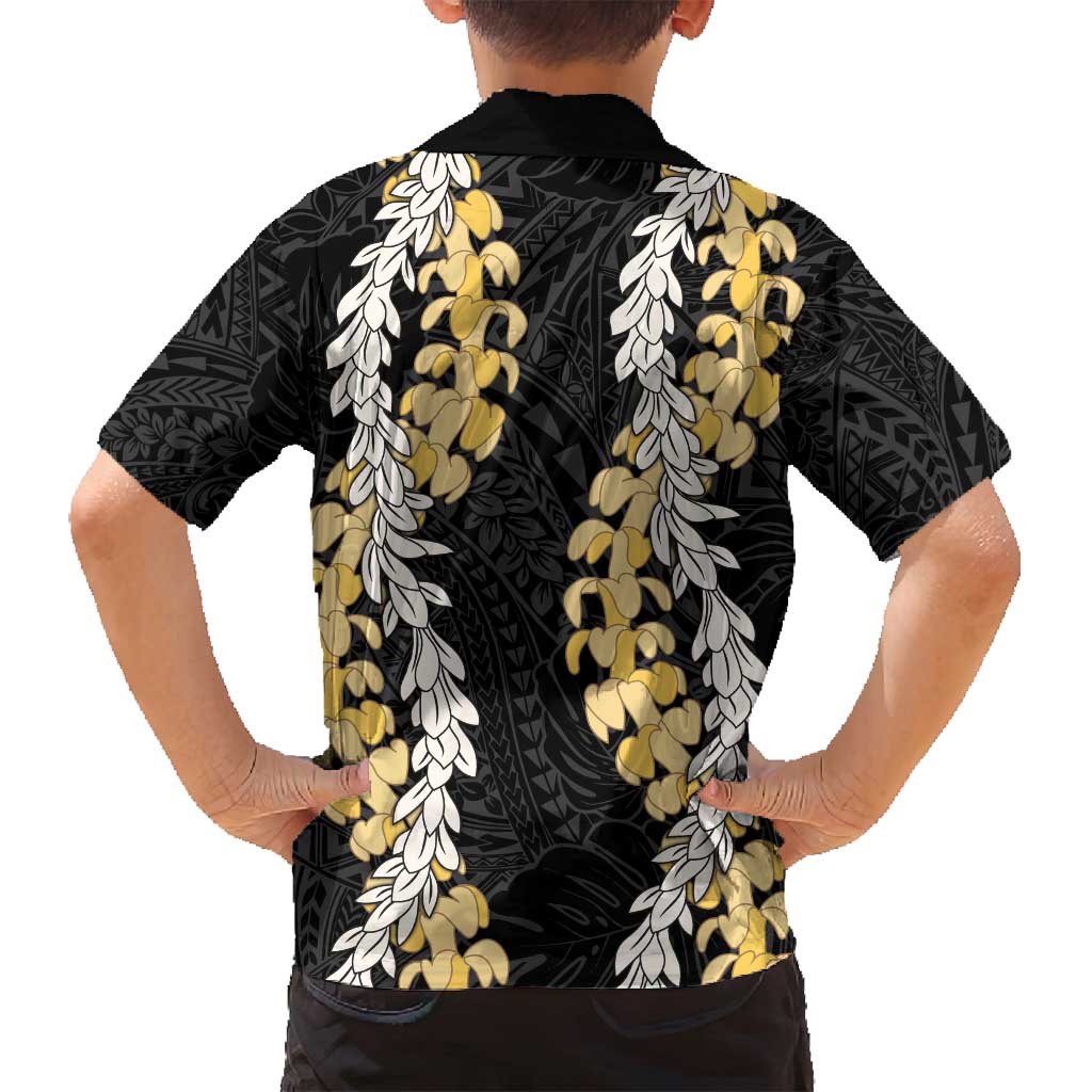 Puakenikeni and Maile Lei Family Matching Long Sleeve Bodycon Dress and Hawaiian Shirt Black Double Strand Lei