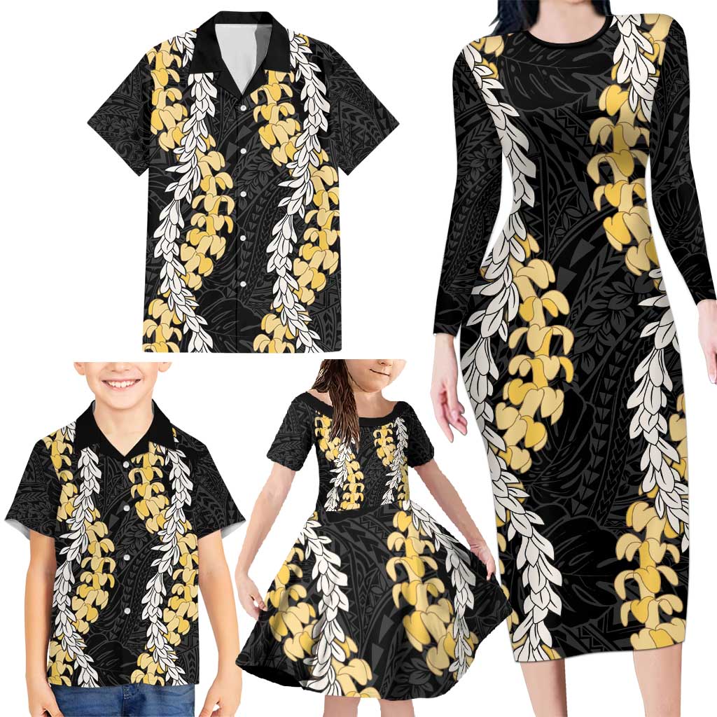 Puakenikeni and Maile Lei Family Matching Long Sleeve Bodycon Dress and Hawaiian Shirt Black Double Strand Lei