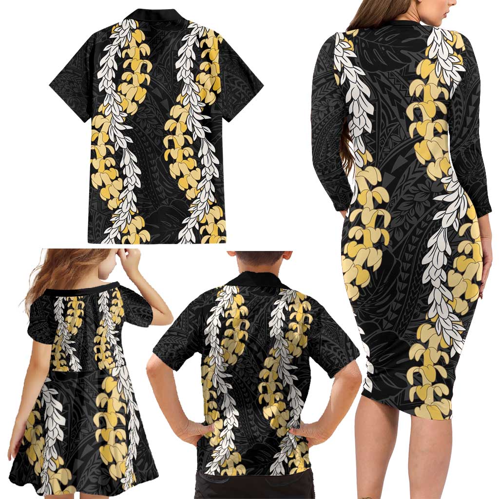 Puakenikeni and Maile Lei Family Matching Long Sleeve Bodycon Dress and Hawaiian Shirt Black Double Strand Lei