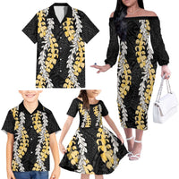 Puakenikeni and Maile Lei Family Matching Off The Shoulder Long Sleeve Dress and Hawaiian Shirt Black Double Strand Lei