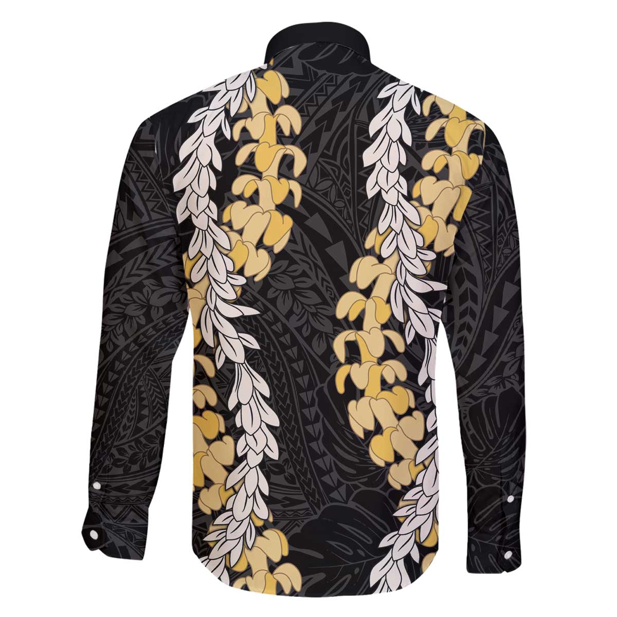 Puakenikeni and Maile Lei Family Matching Off The Shoulder Long Sleeve Dress and Hawaiian Shirt Black Double Strand Lei