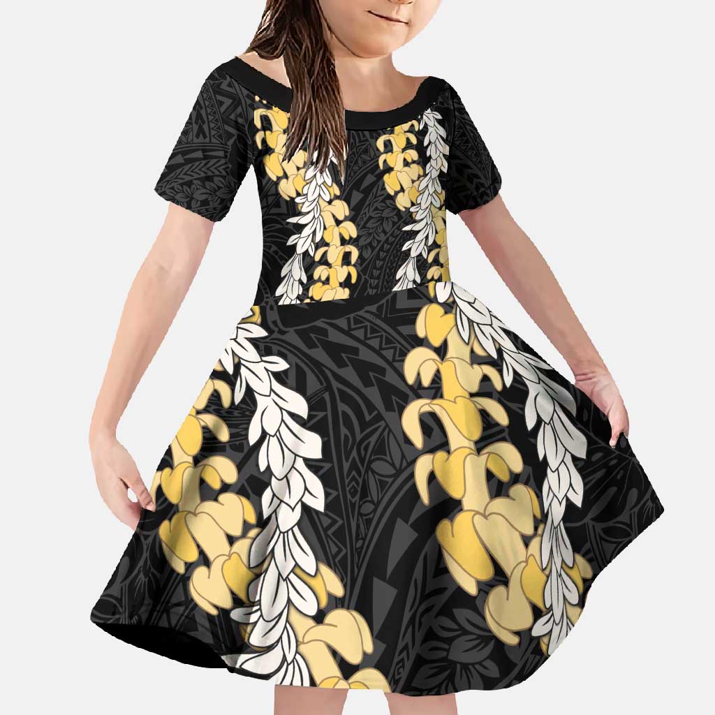 Puakenikeni and Maile Lei Family Matching Off Shoulder Maxi Dress and Hawaiian Shirt Black Double Strand Lei