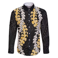 Puakenikeni and Maile Lei Family Matching Off Shoulder Maxi Dress and Hawaiian Shirt Black Double Strand Lei