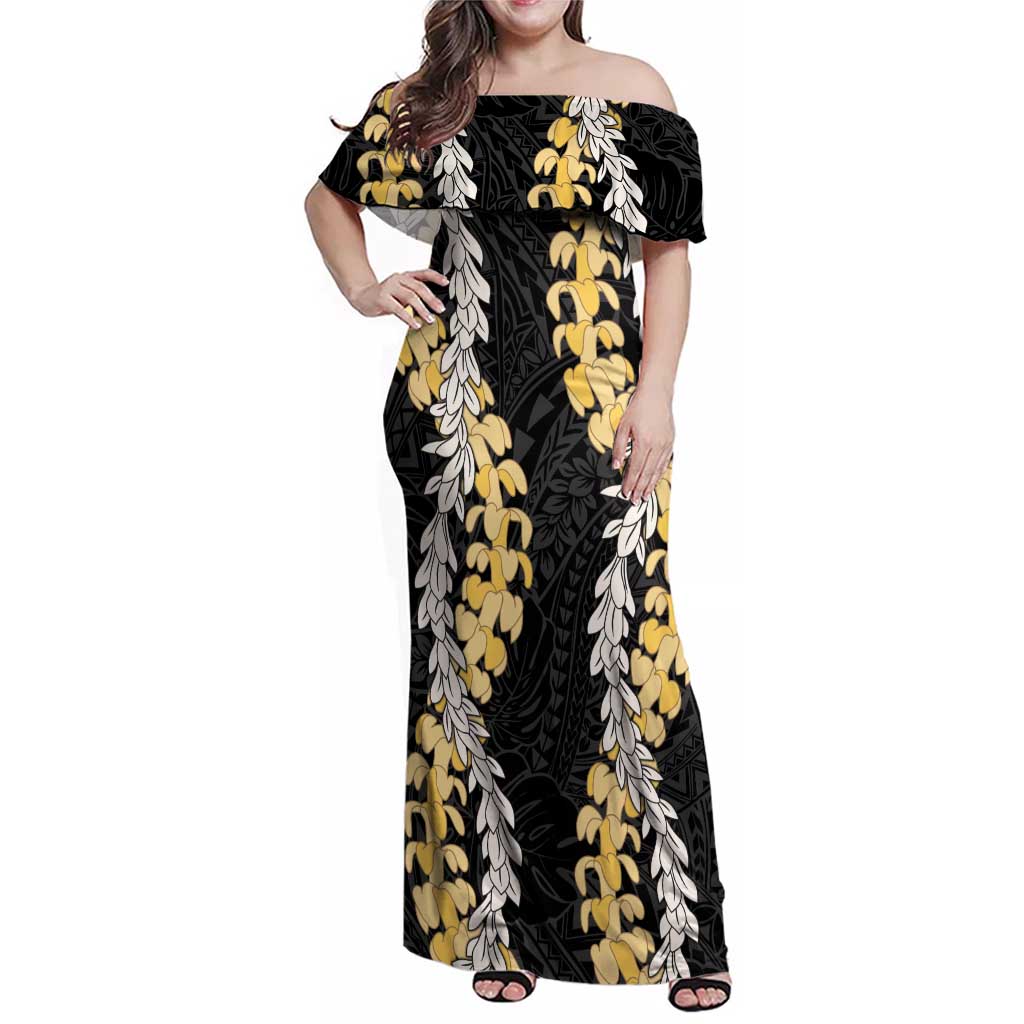 Puakenikeni and Maile Lei Family Matching Off Shoulder Maxi Dress and Hawaiian Shirt Black Double Strand Lei