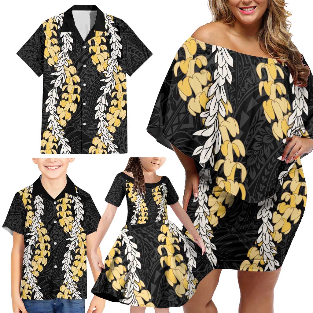 Puakenikeni and Maile Lei Family Matching Off Shoulder Short Dress and Hawaiian Shirt Black Double Strand Lei