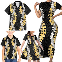 Puakenikeni and Maile Lei Family Matching Short Sleeve Bodycon Dress and Hawaiian Shirt Black Double Strand Lei